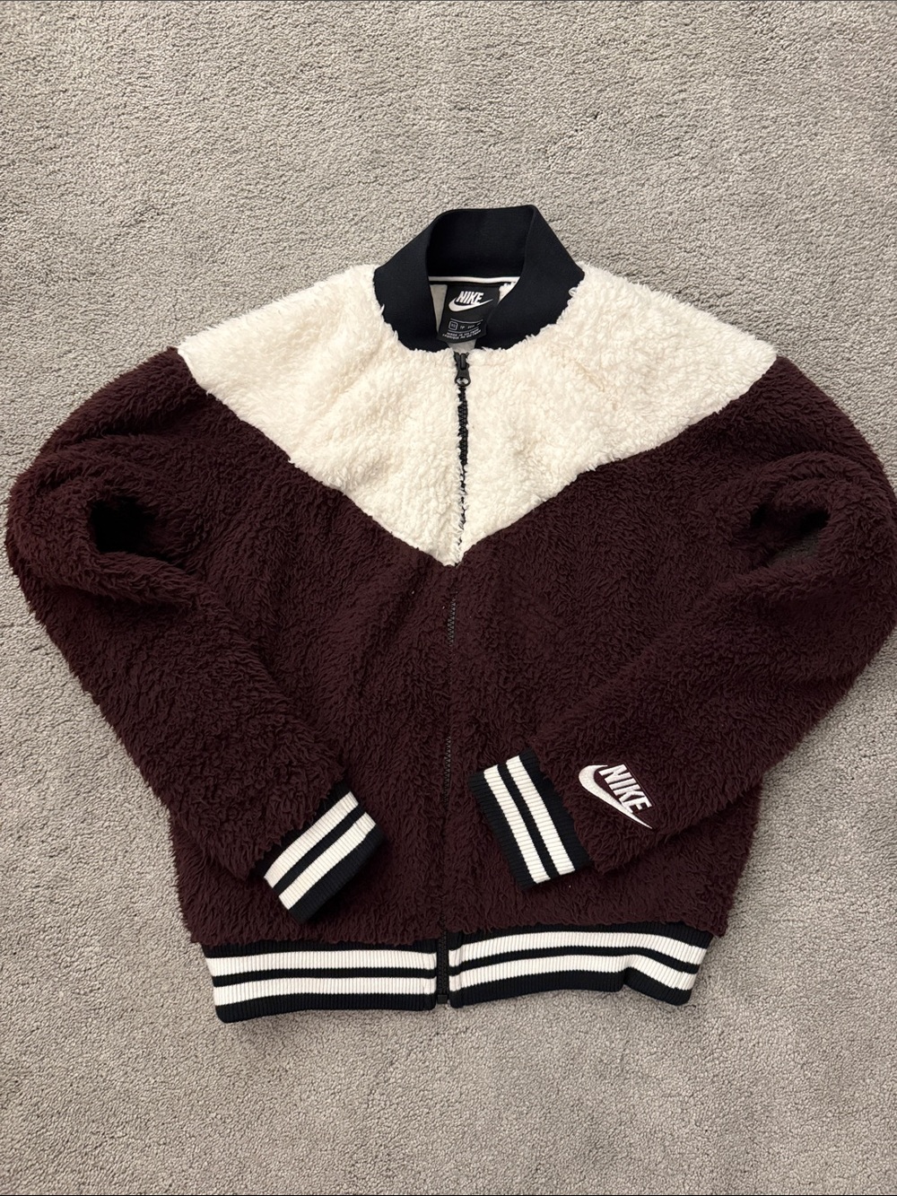 Nike Sherpa Bomber Jacket - Maroon, Cream & Black Trim